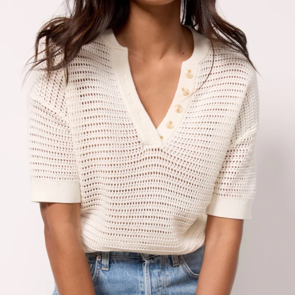 Varley Cream Open-Knit V-Neck Button Sweater